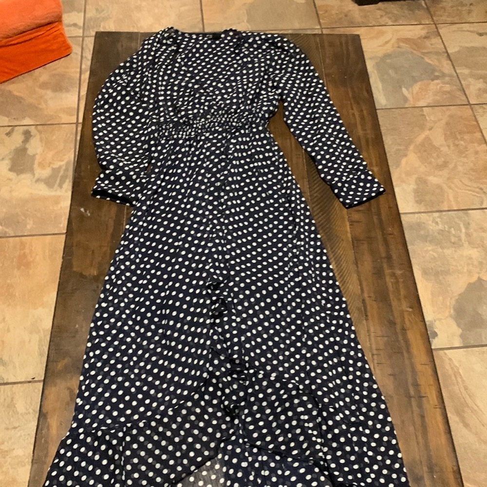 Sheer long sleeve blue dress with white polka dots. Katie and Lily from Dillard